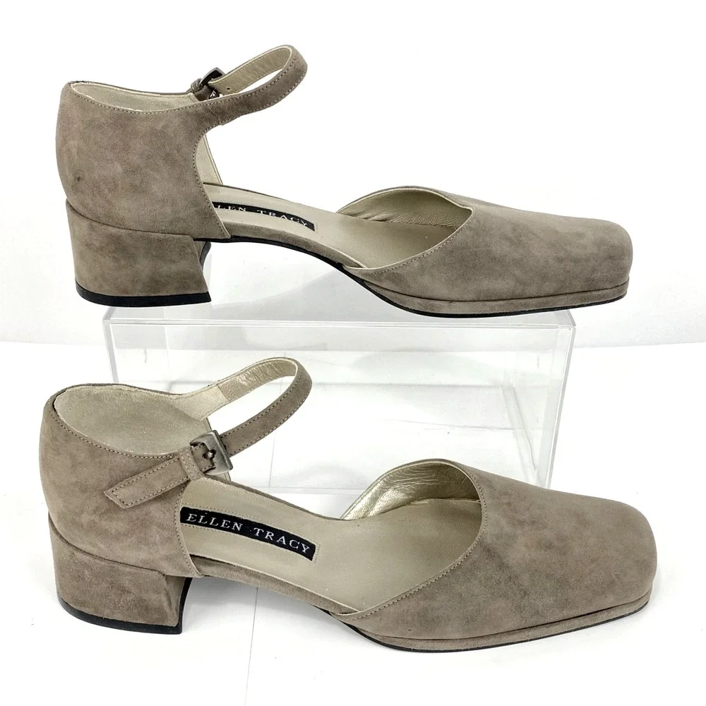NEW Ellen Tracy Suede Leather Flats Women's 7.5 B D'Orsay Ankle Strap Taupe VTG